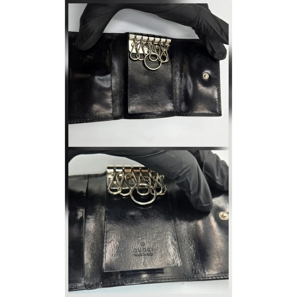 Gucci Vintage Black Leather 6 Hook Key Case Holder Silver G Logo Made in Italy